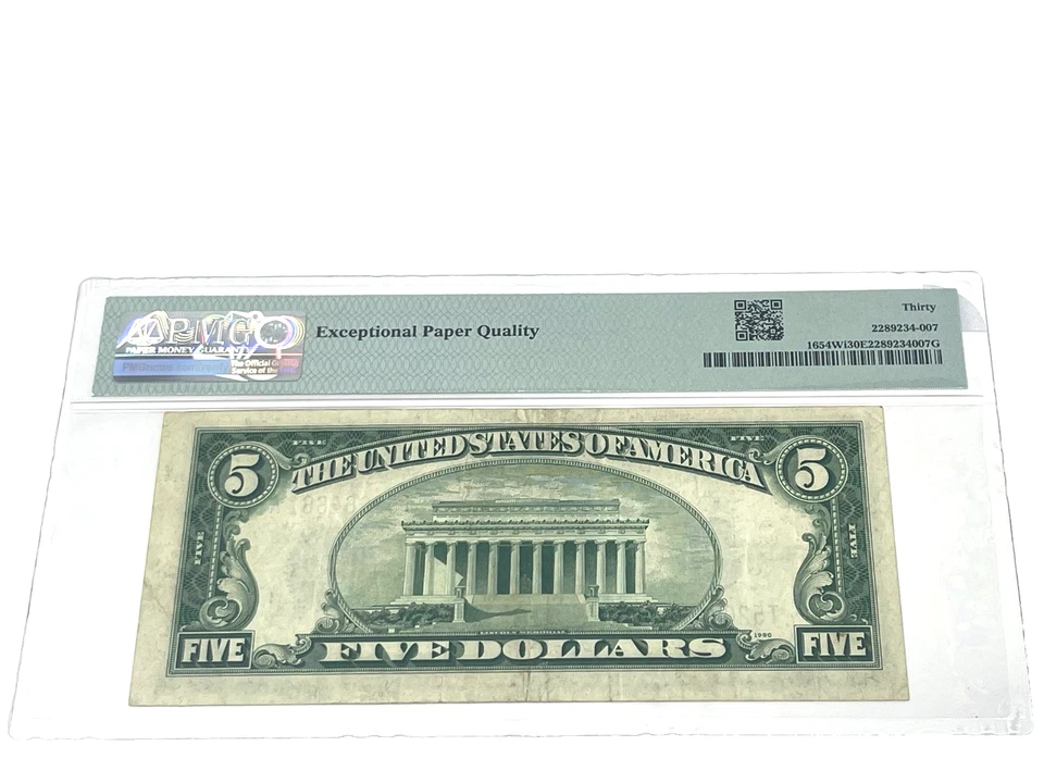 Pre 57 - 1934D - $5 Silver Certificate, Blue Seal, PMG 30, Very Fine, (#7) - Image 2 of 2