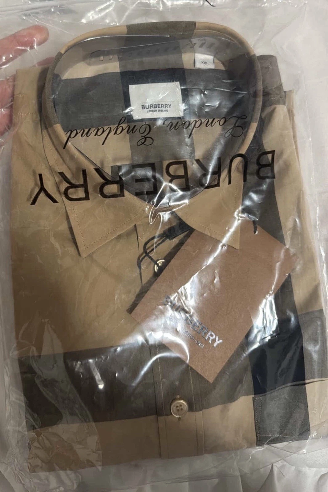 Burberry — Burberry Men's 2XL Slim Fit Beige Check Cotton Short Sleeve Button-Up Shirt