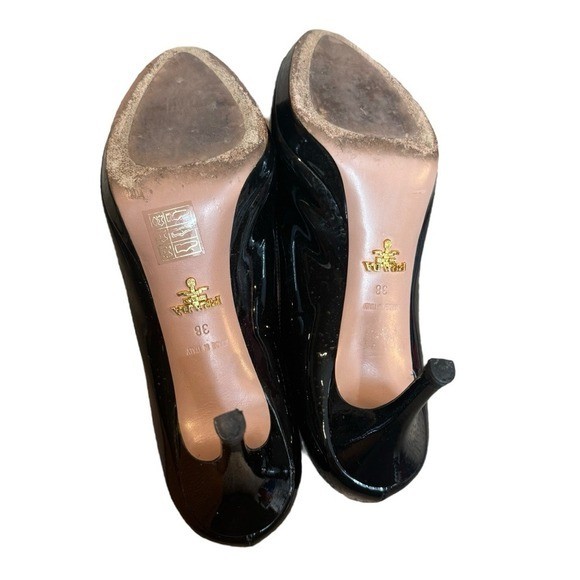 Prada Women's Size 38 Peep Toe Pump Heels Black Patent Leather Classic Luxury thumbnail 10