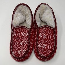 Womens Red Fair Isle Snowflake Knit Faux Fur Lined Moccasin Slippers Size M/L