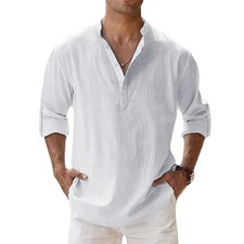 Men Casual Shirt Long Sleeve Cotton Linen Beach T Shirt Lightweight NEW 8 COLORS