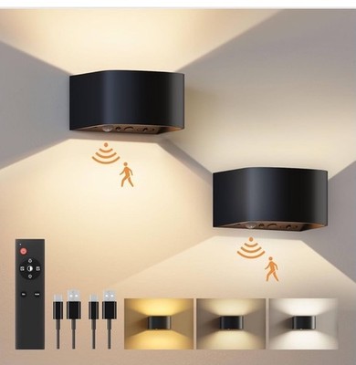 Two Modern LED Wall Sconce Black Motion Sensor Remote Warm Natural Cool Light