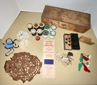 Vintage Pyro Art Wooden Glove Box With Flowers & Sewing Items Thread