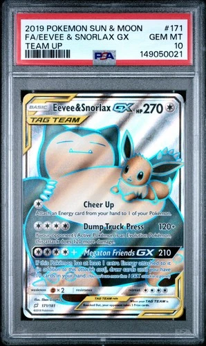 2019 POKEMON SUN & MOON TEAM UP #171 FULL ART/EEVEE & SNORLAX GX PSA 10