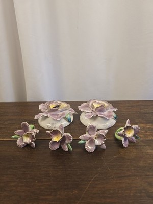 8pc VTG Commodore Porcelain Orchid Taper Candle Holders/2 Lids 4 Napkin Rings