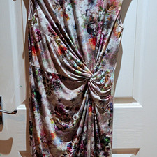 Phase Eight UK 12 Beige/Multicoloured Floral Ruched V-Neck Satin Midi Dress