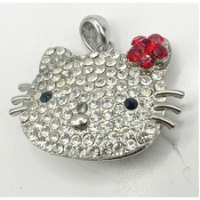 Hello Kitty Style Rhinestone Pendant Silver Tone Red Bow 1.75"