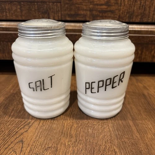 Hazel Atlas Milk Glass Beehive Salt & Pepper Range Shakers W/ Black Script Vtg