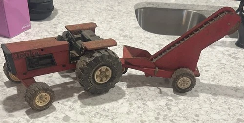 1974 Tonka Pressed Steel Farm Tractor and Grain Elevator Set, Fair Condition