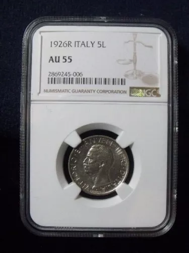 1926 R Italy Victor Emanuel III Silver 5 Lire Coin Key Date NGC Graded AU55