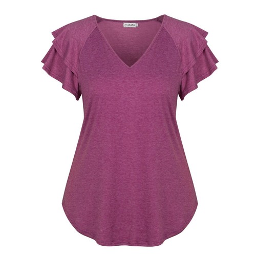 Womens Summer Top Ruffle Short Sleeve V-Neck T-Shirts Size M - Picture 6 of 7