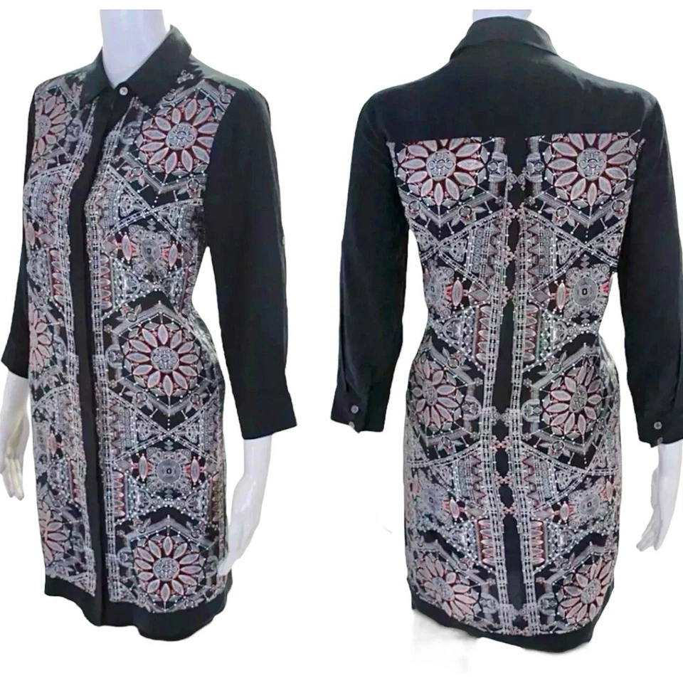 Club Monaco Boho 100% Silk Button Down Shirt Dress Size 2 Floral Tribal Preppy - Image 3 of 4