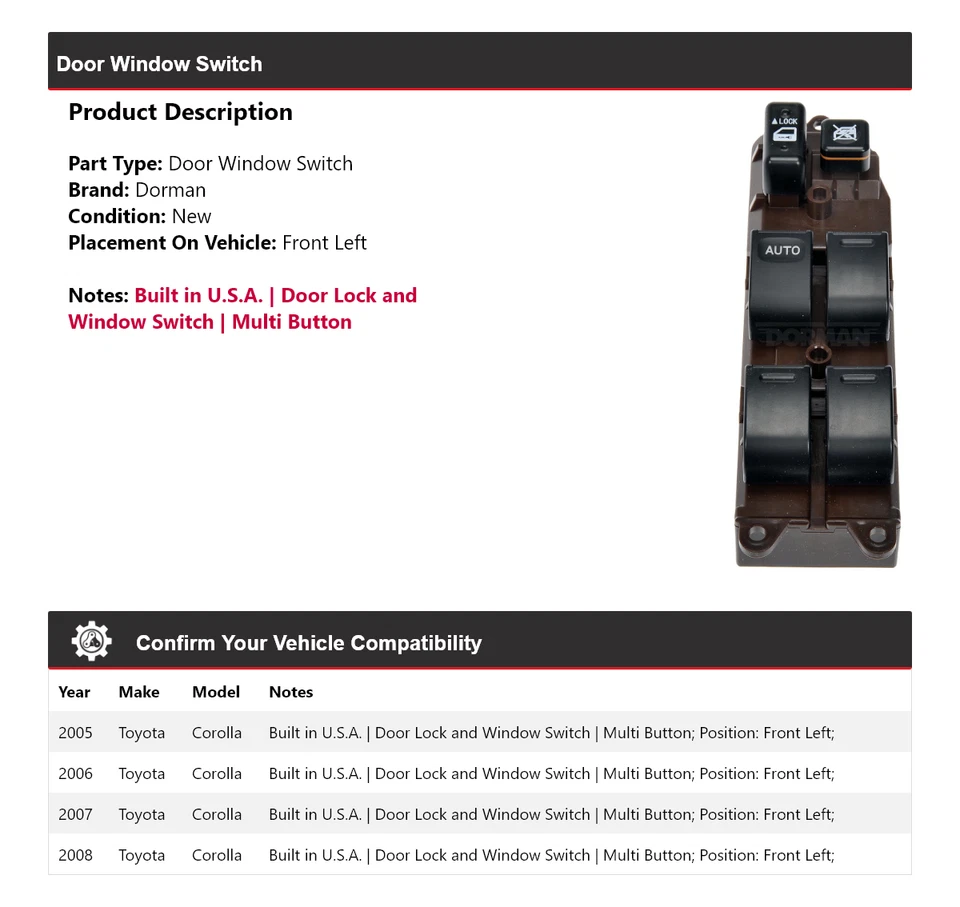 Interruptor ventana puerta delantera izquierda Toyota Corolla Dorman 2005-2008 2006 2007 Foto 2 de 4