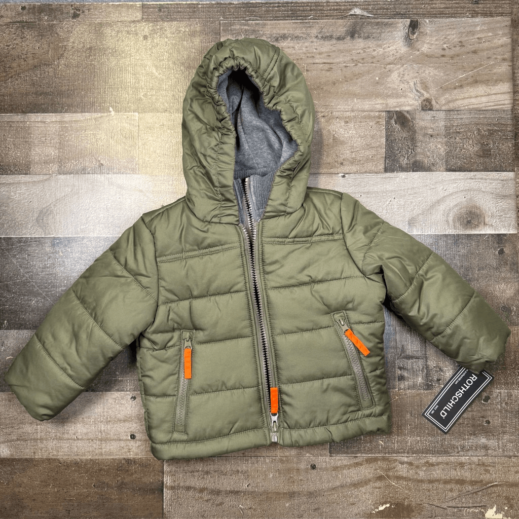 Rothschild Boys Size 18 Months Zip Front Hooded Puffer Jacket Green NWT