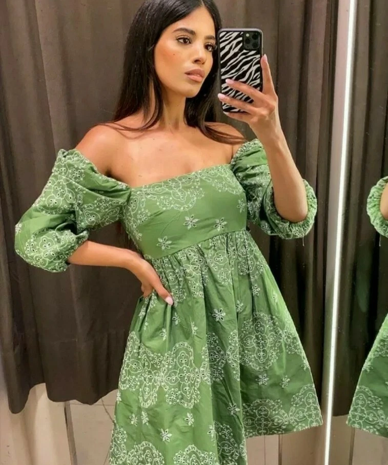 Zara Boho Green Embroidered Cutout Floral Broderie Bardot Dress S 10 12  BNWT | eBay