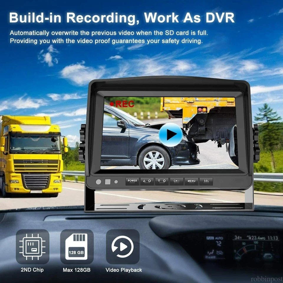 9" Quad Monitor DVR Video Recorder + 4x Side Rear View Backup Camera For Truck - Image 4 of 4