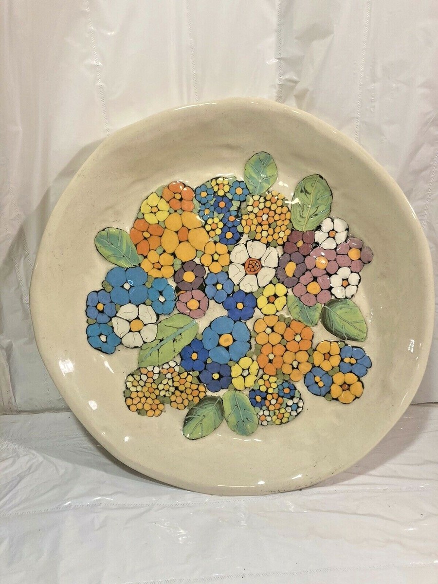 Vtg Mosaic Inlay Ceramic Pottery Flower Design Plate Tray Wall