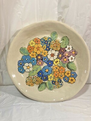 Diaspora　4way Ceramic VHS Tray (Ecru) Vtg Mosaic Inlay Ceramic Pottery Flower Design Plate Tray Wall