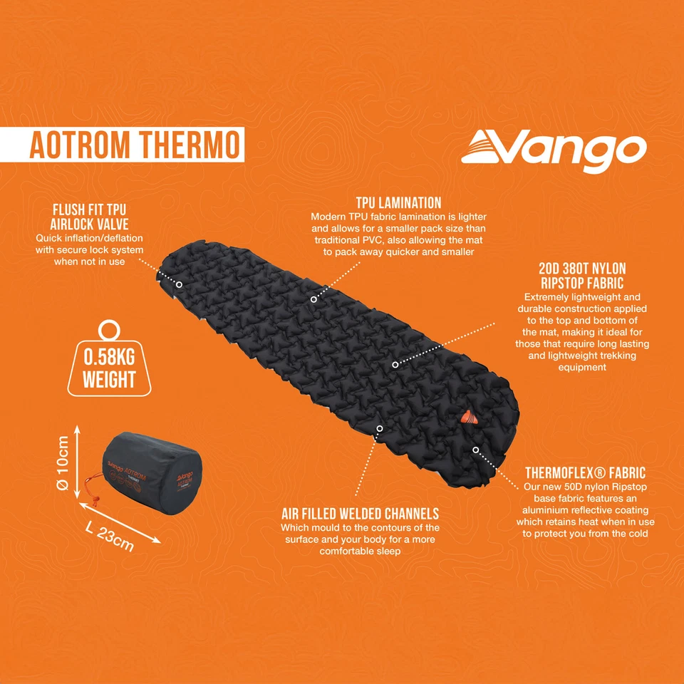 VANGO Trekking Isomatte Aotrom Thermo Luftbett Camping Matte Ultra Leicht 0,29kg - Bild 2 von 4