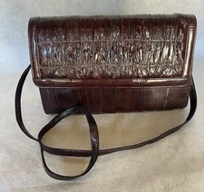 Vintage Dark Brown Eel Skin Leather Flap Swing Shoulder Bag Clutch Purse