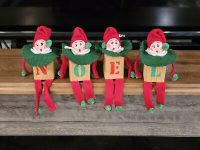 Vintage Wood Face Wood Block Body Pixie Elf Shelf Sitters Christmas NOEL Decor
