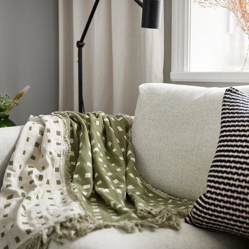 IKEA SVARTTÅG Plaid 130x170 cm – Graugrün/Weiß Baumwolldecke Tagesdecke - Bild 4 von 5