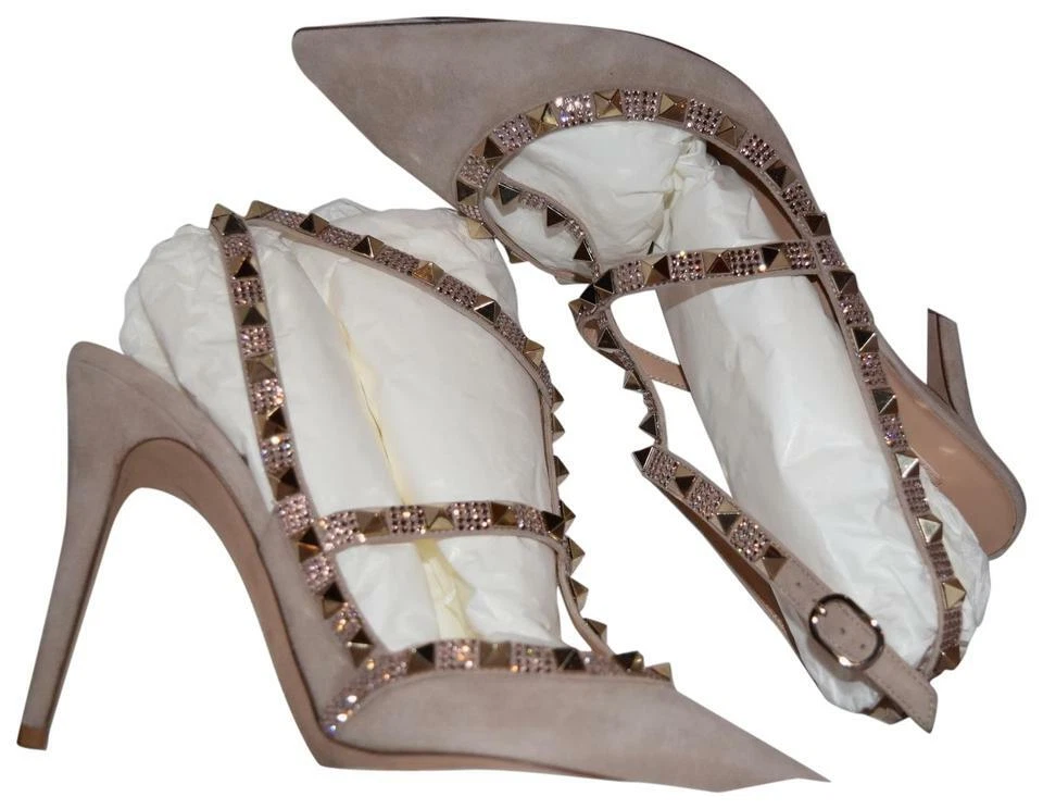 New Valentino Beige Leather Rockstud Suede T strap Studs Pumps 10.5 40.5