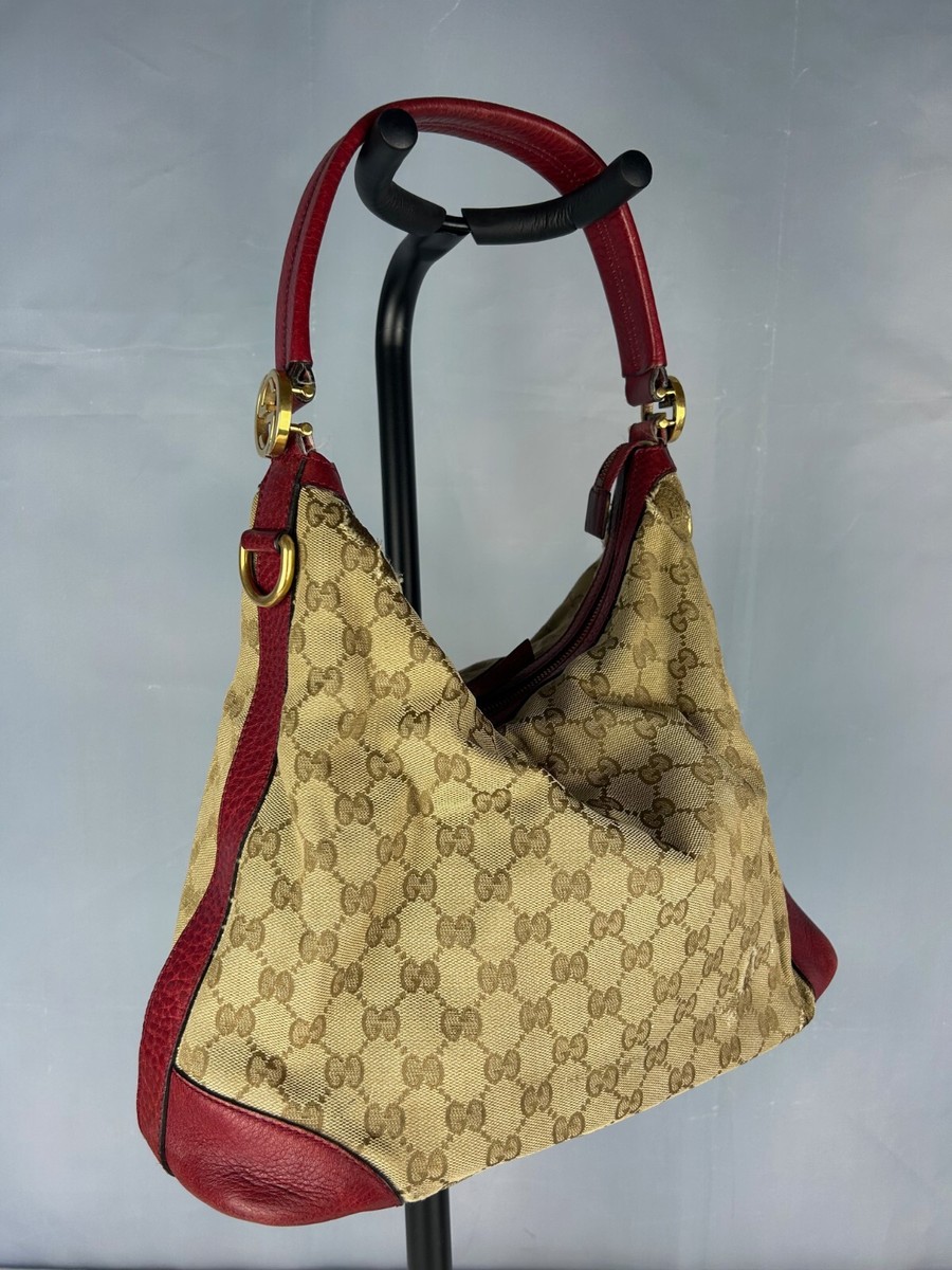 Authentic Vintage Gucci GG Hardware Red Leather Beige Canvas