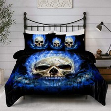 Blue Fire Skull Comforter Set 4pcs Fashion 3D Skeleton Printed Bedding Set Queen