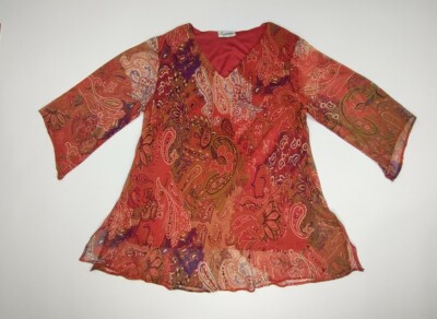 JMB SIGNATURE Blouse Tunic Top Womens Medium Floral w/Sequins Fall Colors Orange