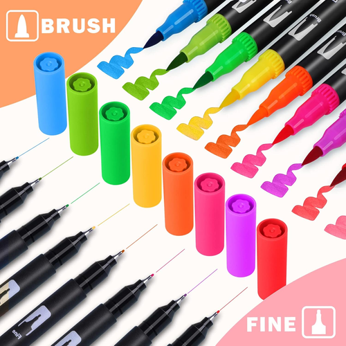 Brush Pen Lettering 100 Colori, Pennarelli Doppia Punta Fine E Grossa Pennello, - Foto 9 di 12