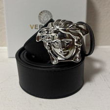 Cinturón de vestir Versace para hombre negro plateado hebilla Medusa talla 36
