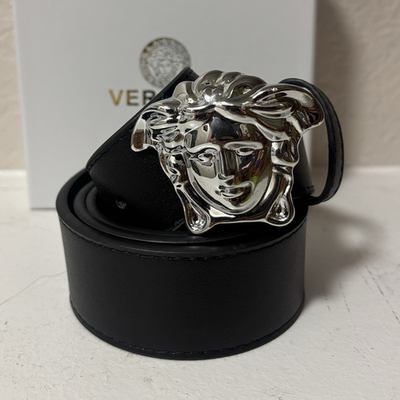 #ad Versace Men#x27;s Black Dress Belt Silver Medusa Buckle size 36 $80.00