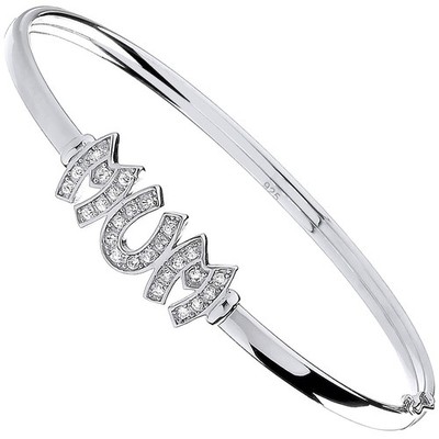STERLINGSILBER ZIRKONIA MAMA MUMIE OVAL RÖHRE SCHARNIER ARMREIF SKLAVENARMBAND