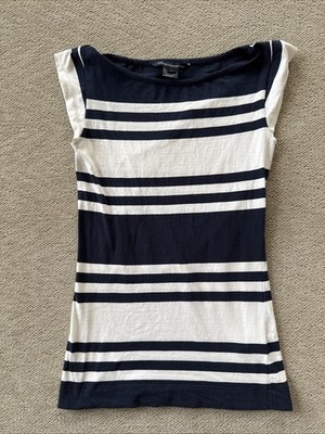 French Connection Women s Boat Neck Cap Sleeve Striped Top Navy Blue White Small