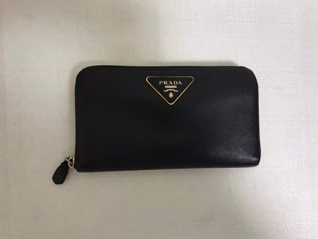 Prada Black Leather Round Zip Long Wallet