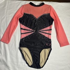 Ozone Peach Black Mesh 3/4 sleeve Rhinestone Competition Gymnastics leotard AS