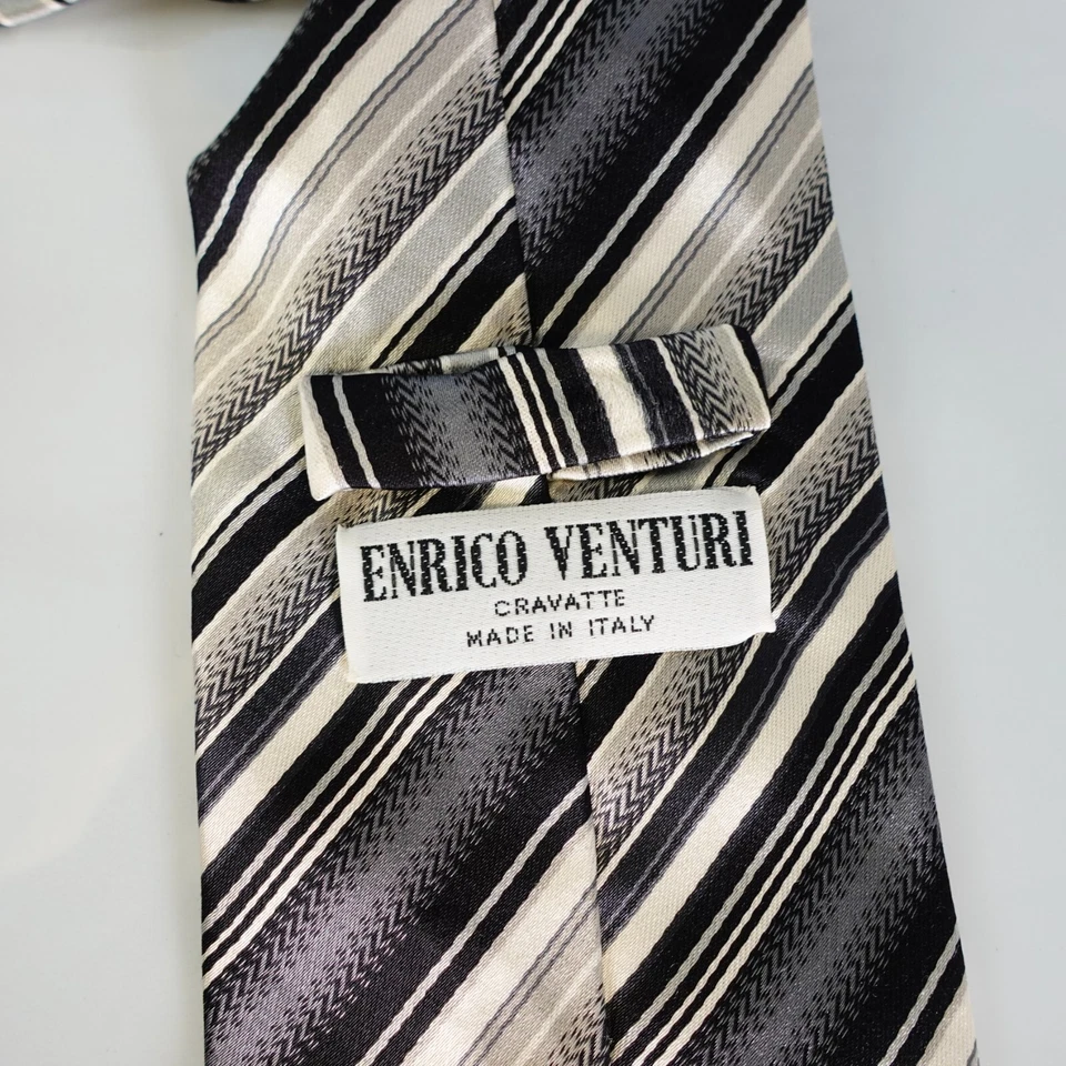 ENRICO VENTURI Corbata de Cuello Para Hombre Negro Blanco Rayas Seda Tejido Sólido Traje Simple Foto 4 de 4