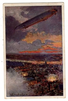 Color Postcard ~ Zeppelin Bombing Antwerp, Belgium ~ Used 1915 ~ Free Ship