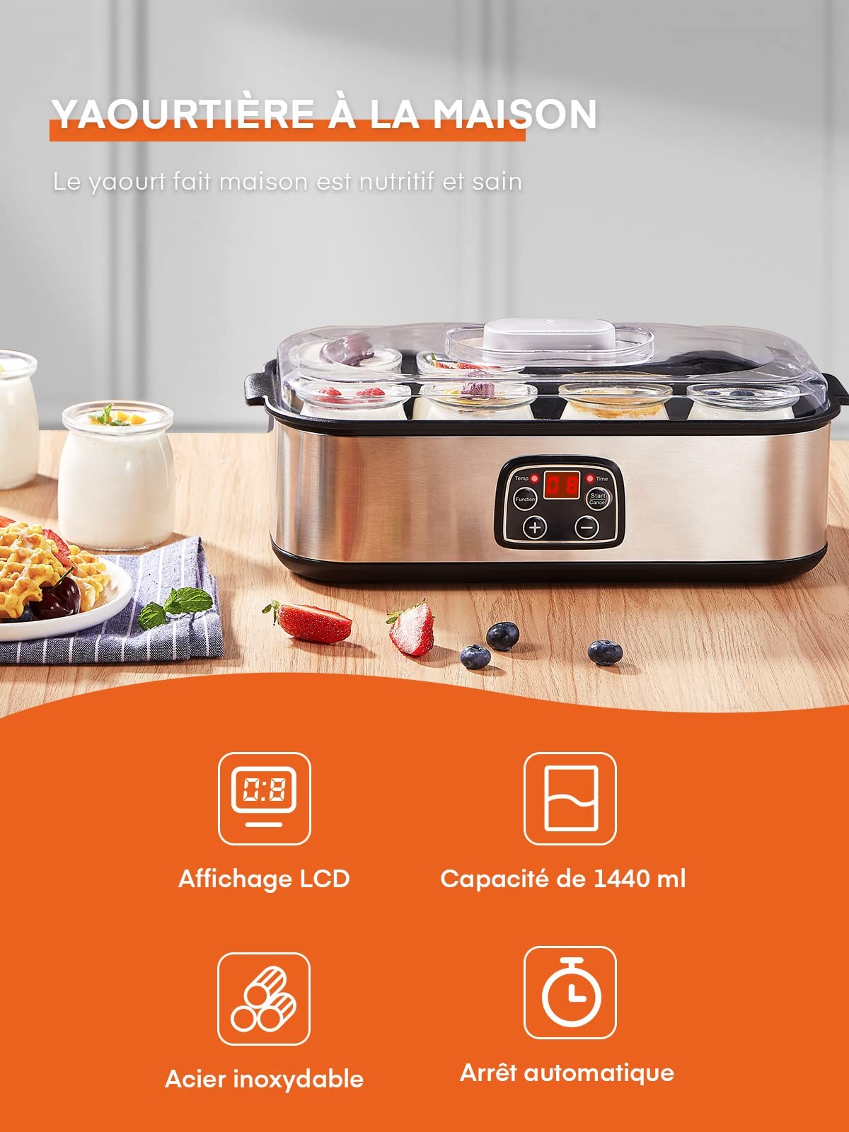 Yaourtière 8 pots 180ml avec écran de programmation pour yaourt maison