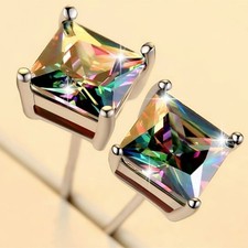 925 Sterling Silver Square Rainbow Stone Stud Earrings Women Girl Jewellery Gift