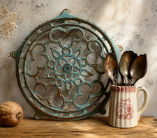Rustic Cast Iron Duck Egg Blue Trivet Antique French Enamel Heat Mat