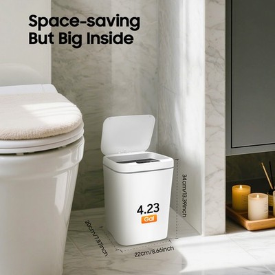 16L Bathroom Trash Can Rectangular Sensor Waste Container W/ Garbage Bag Storage