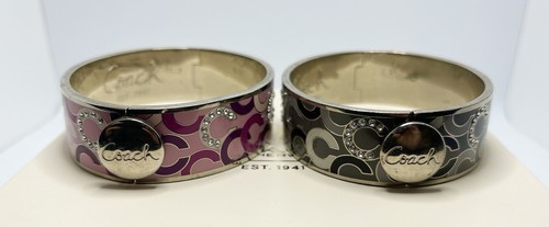 (2) COACH Signature C Bangle Bracelets Hinged Silver Pink And Grey Gemstones - Picture 1 of 8