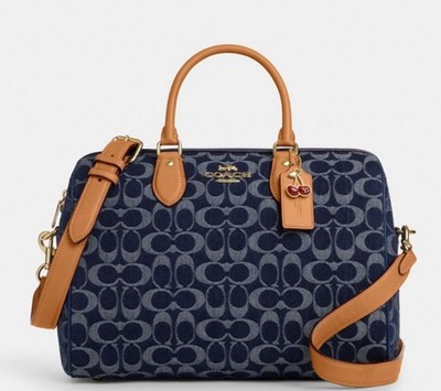 NWT Coach Rowan Large Satchel Bag In Signature Canvas In Denim With Cherry Charm