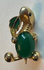 Authentic Rare Jomaz Joseph Mazer Turtle Brooch Gold Plated Green Glass Enamel 1.75”(X04)