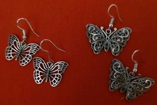 2 Pairs Of Butterfly Drop/Dangle Earrings, Silver Tone, Mint Condition  Gift  