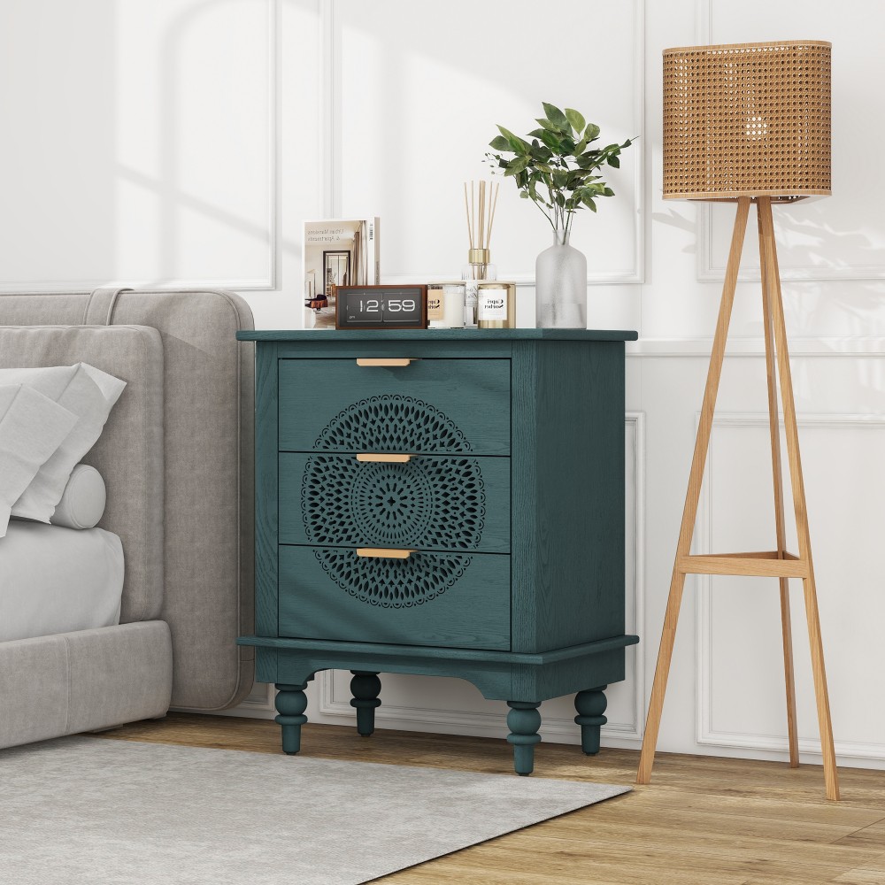 Hollow-Carved 3-Drawer Green Dresser,Storage Chest w/Metal Handles for Bedroom