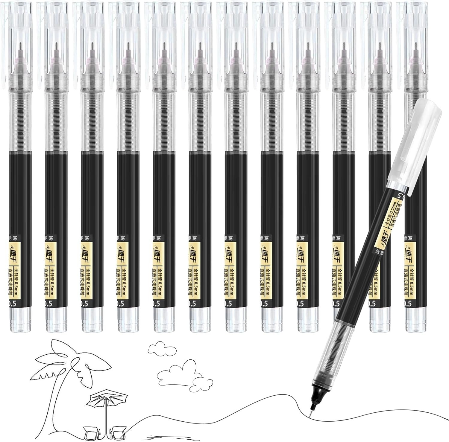Gel Pens, 12 Pcs Black Ink, 0.5mm Quick-Drying Liquid Ink Rollerball for Journa