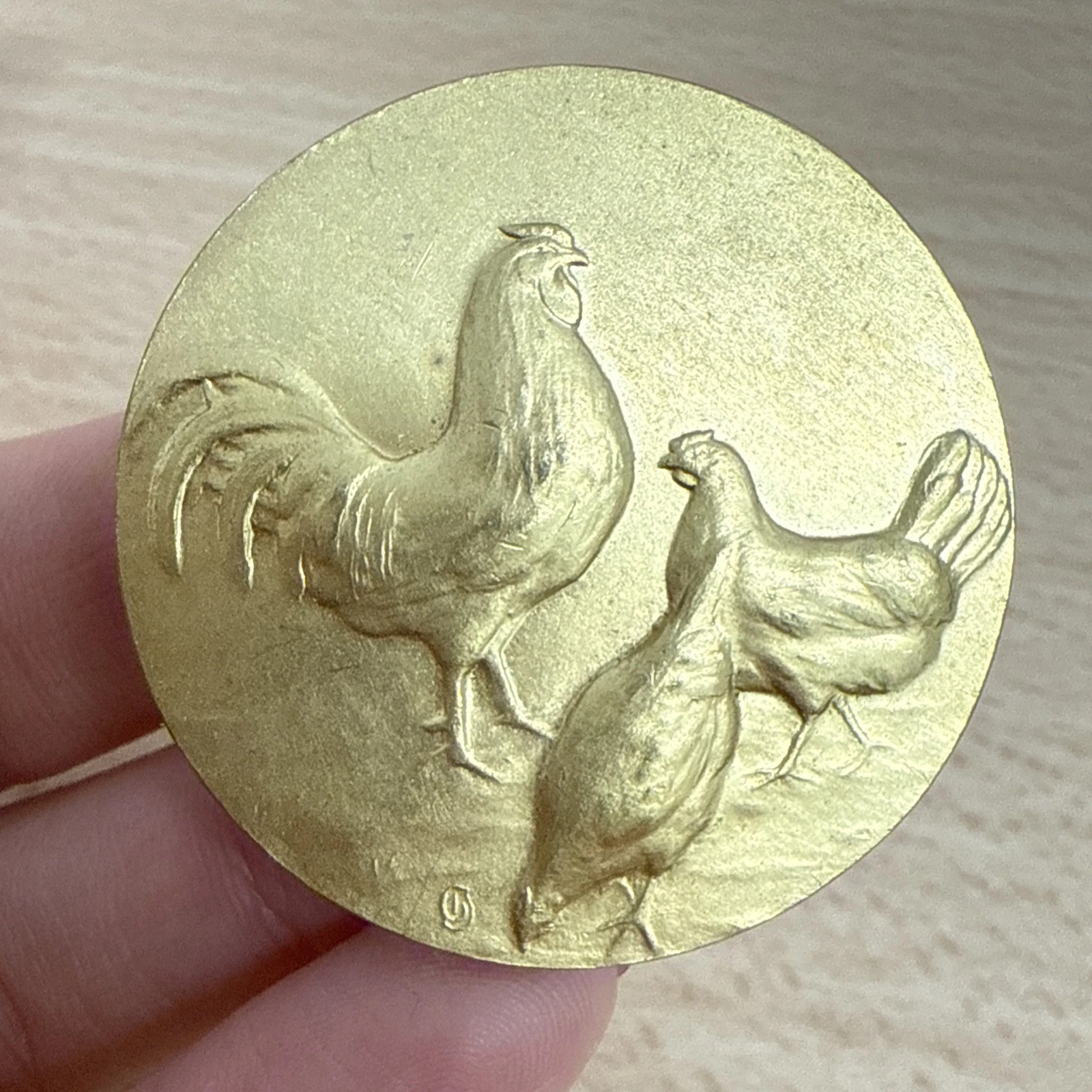 Médaille Ancienne Coq Et Poules En Bronze